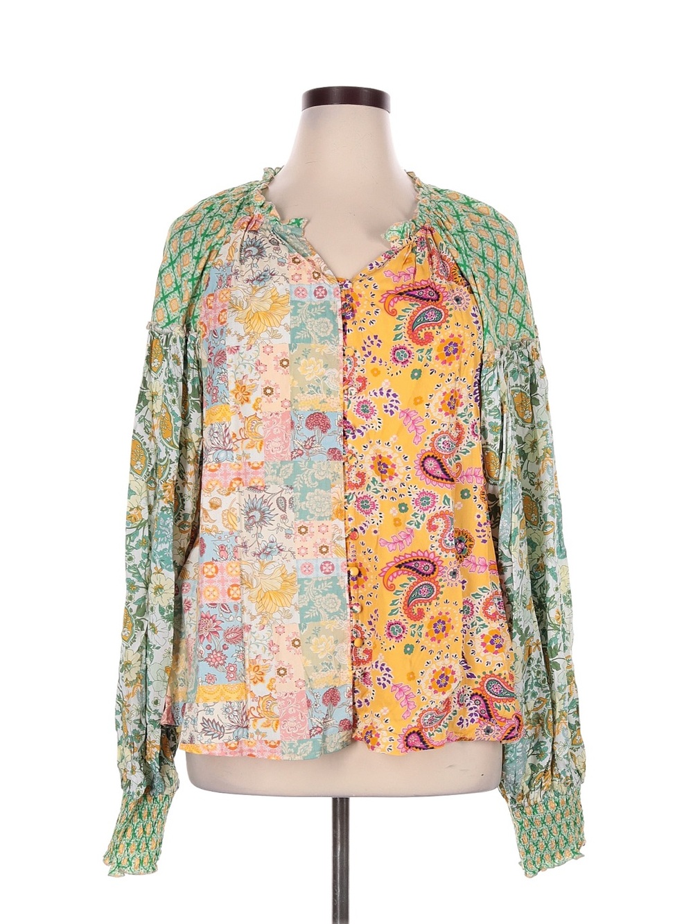 New: Oli & Hali Mixed Patchwork Button Front Long Balloon Sleeve Boho Blouse• XL - Picture 6 of 6